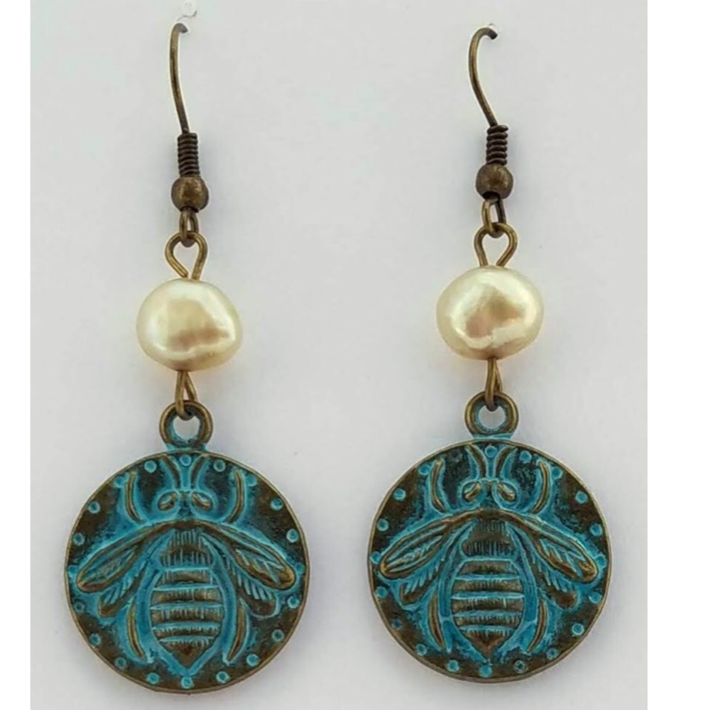 🆕 “Honey Bee” Brass Patina/ Pearl Earring Gift